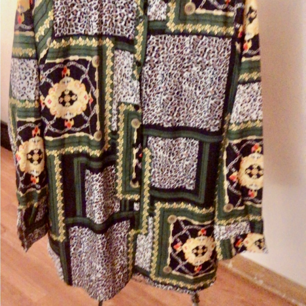 SHEIN Green Black Leopard Patchwork Long Sleeve Blouse